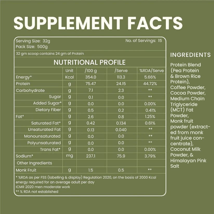 Coffee Flavored Vegan Protein Powder 500g | 21.6g Protein per Serving | Plant-Based Nutrition