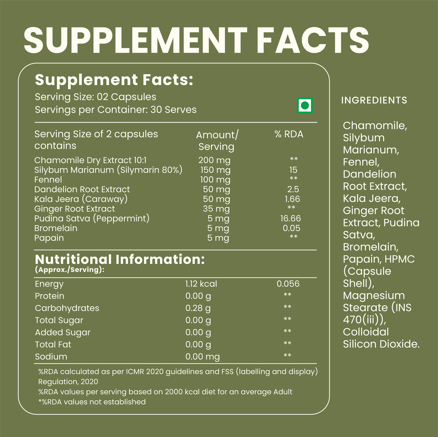 De-Bloat Supplement – Natural Digestion Support & Bloating Relief Optimal Metabolism – 60 Capsules