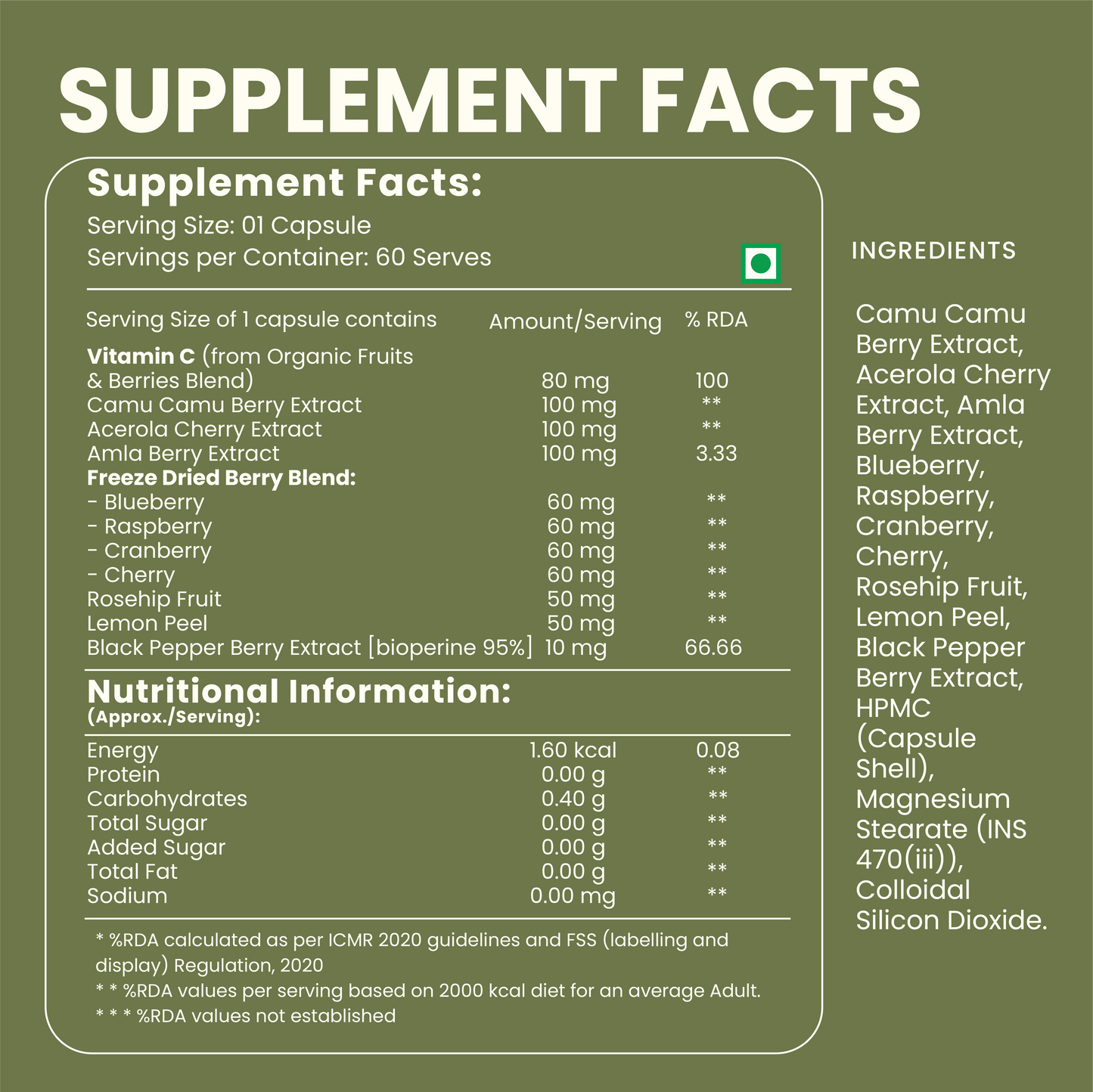 Organic Vitamin C – Immune Support & Antioxidant Supplement Optimal Metabolism – 60 Capsules
