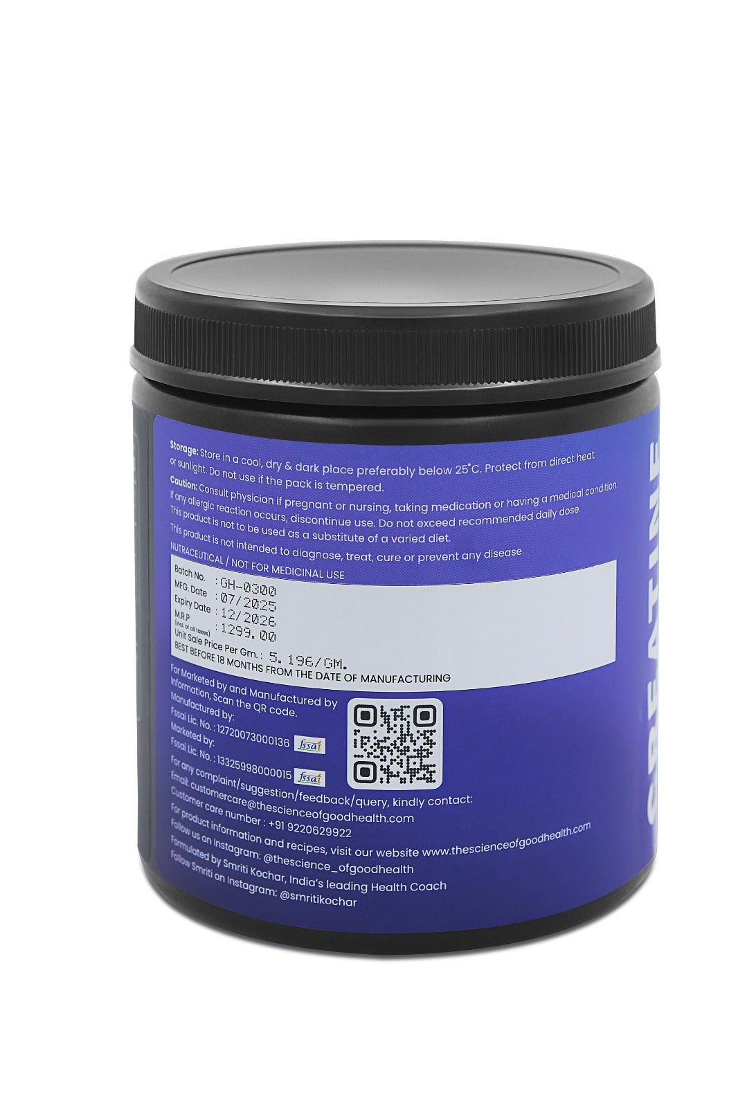 Creatine Monohydrate Supplement - 3g Serving Size | Pure & Potent | Unflavored | The Science of Good Health