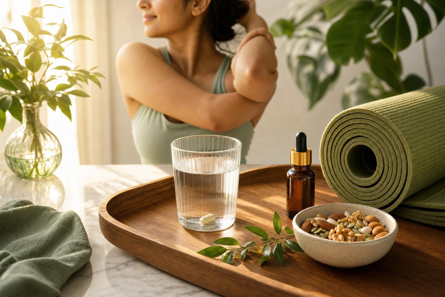 Indian woman's morning wellness routine with supplements, water and healthy foods on a wooden tray
