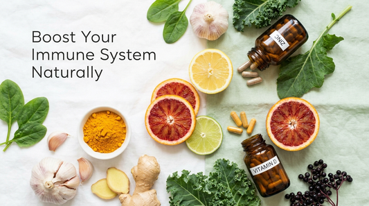 Flat lay of immune-boosting foods and supplements including citrus, garlic, ginger, turmeric, and vitamins on a clean white background