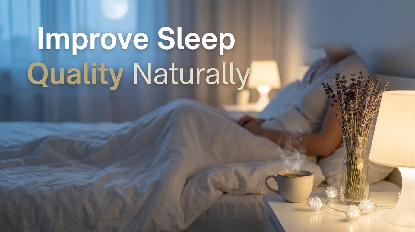 A peaceful bedroom scene representing how to improve sleep quality naturally with lavender and chamomile