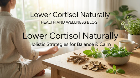 Adaptogenic herbs including ashwagandha and rhodiola on a wooden surface with soft natural light, representing natural cortisol management