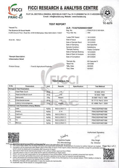 Inflammation Relief Supplement – Natural Pain, Allergy & Respiratory Support Optimal Metabolism – 60 Capsules