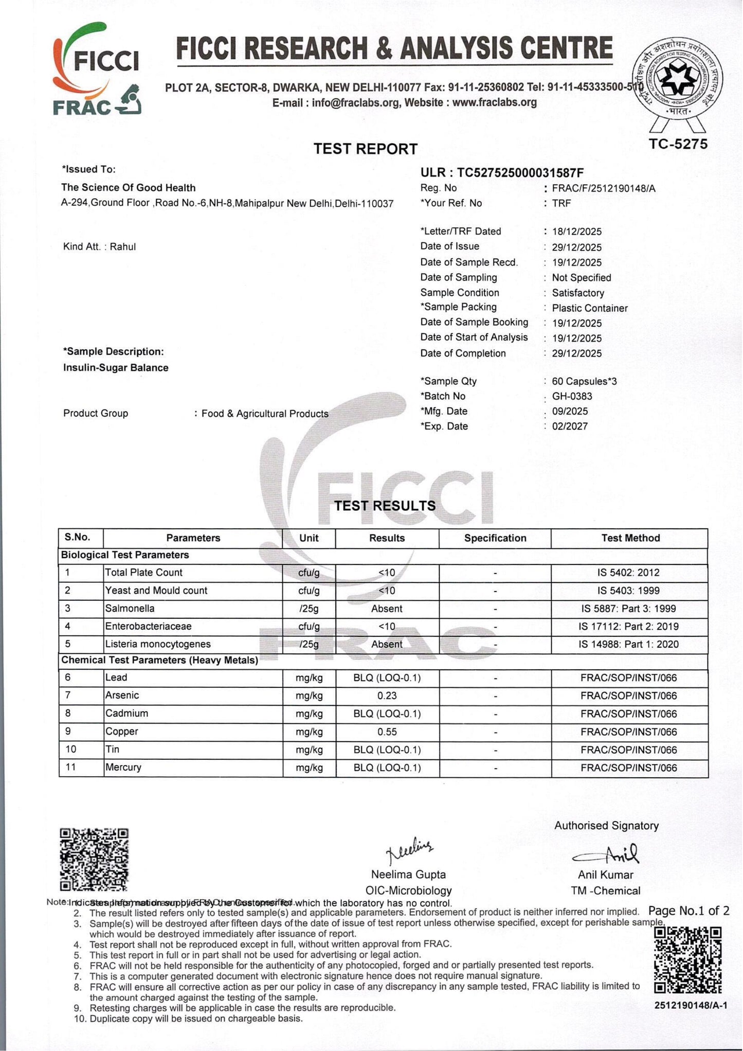 Insulin Sugar Balance by TSGH – FSSAI certified supplement