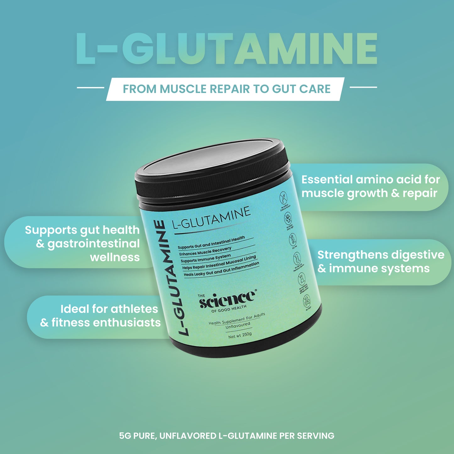 L-Glutamine Supplement - 5g Serving Size | Pure & Potent | Unflavored | The Science of Good Health
