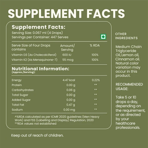 Vitamin D3 + K2 Drops – Bone Health & Immune Support Liquid Supplement - 30ml