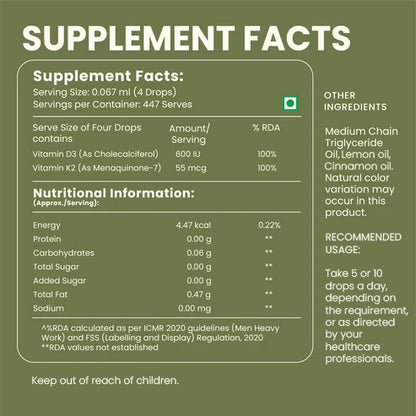 Vitamin D3 + K2 Drops – Bone Health & Immune Support Liquid Supplement - 30ml
