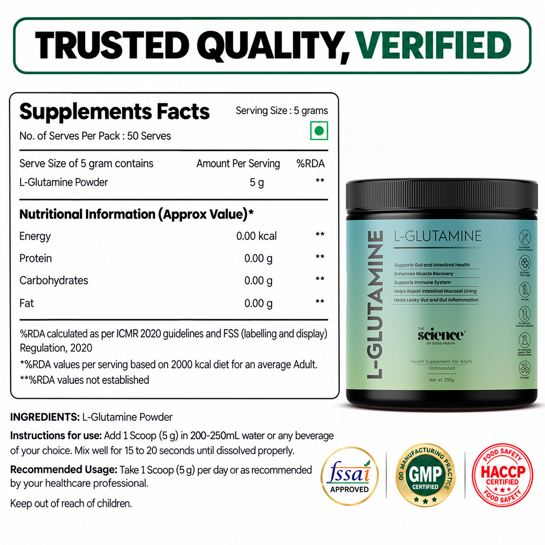 L-Glutamine Supplement - 5g Serving Size | Pure & Potent | Unflavored | The Science of Good Health